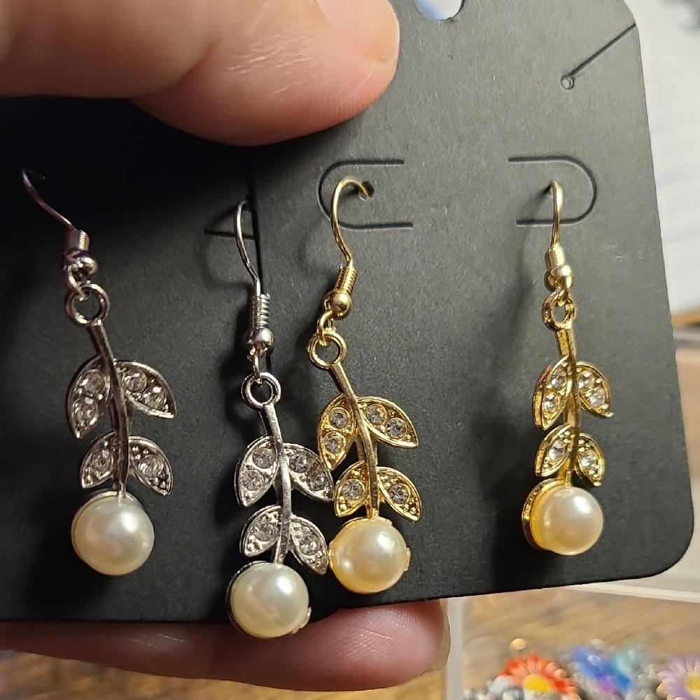 3/$10 Chic Leaf Pearl Drop Earrings in Gold and Silver